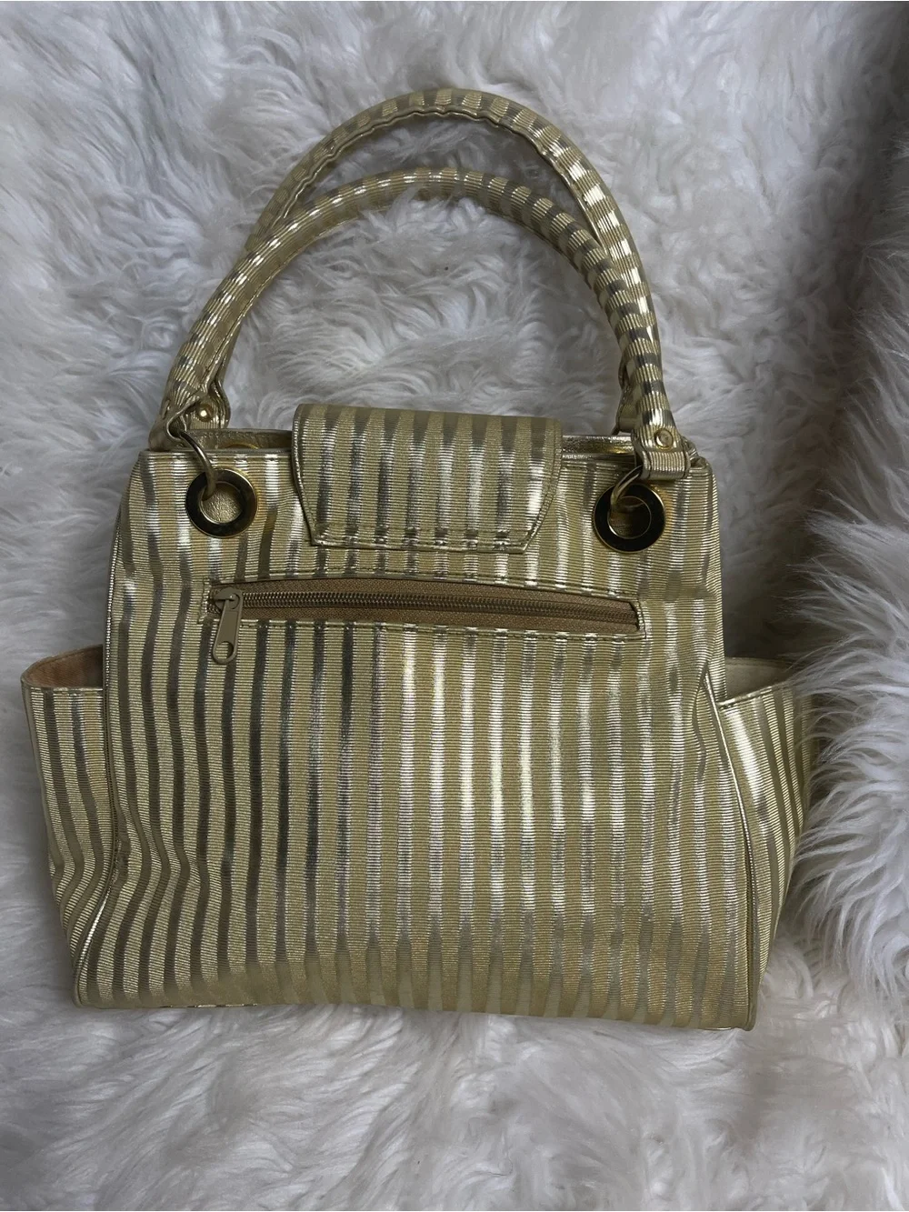 Gold Striped coated fabric Satchel Gold tone Elephant-Embellished